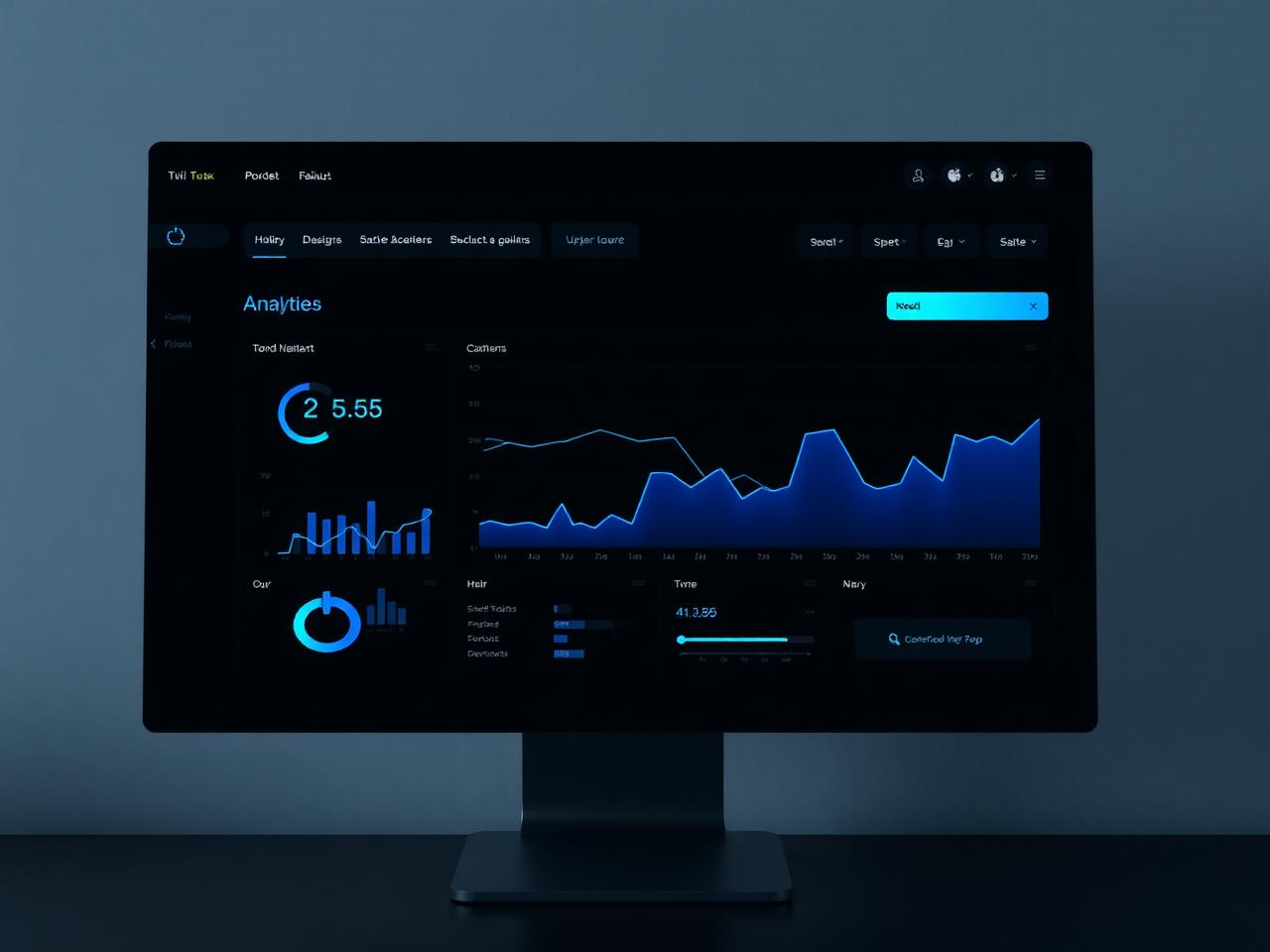Mockup eines dunklen Analytics-Dashboards auf einem Monitor