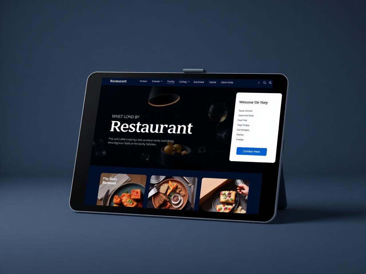 Mockup einer dunklen Restaurant-Website auf einem Tablet